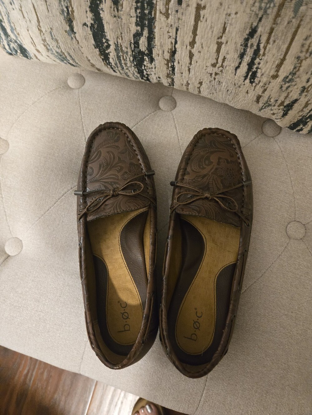 b.o.c. Brown Embossed Leather Slip-On Loafers with Bow Accent